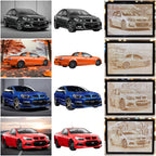 A custom personalised before/after car photos transformed into a minimalist line art wood design, an ideal gift for car lovers by Laser Design Creations