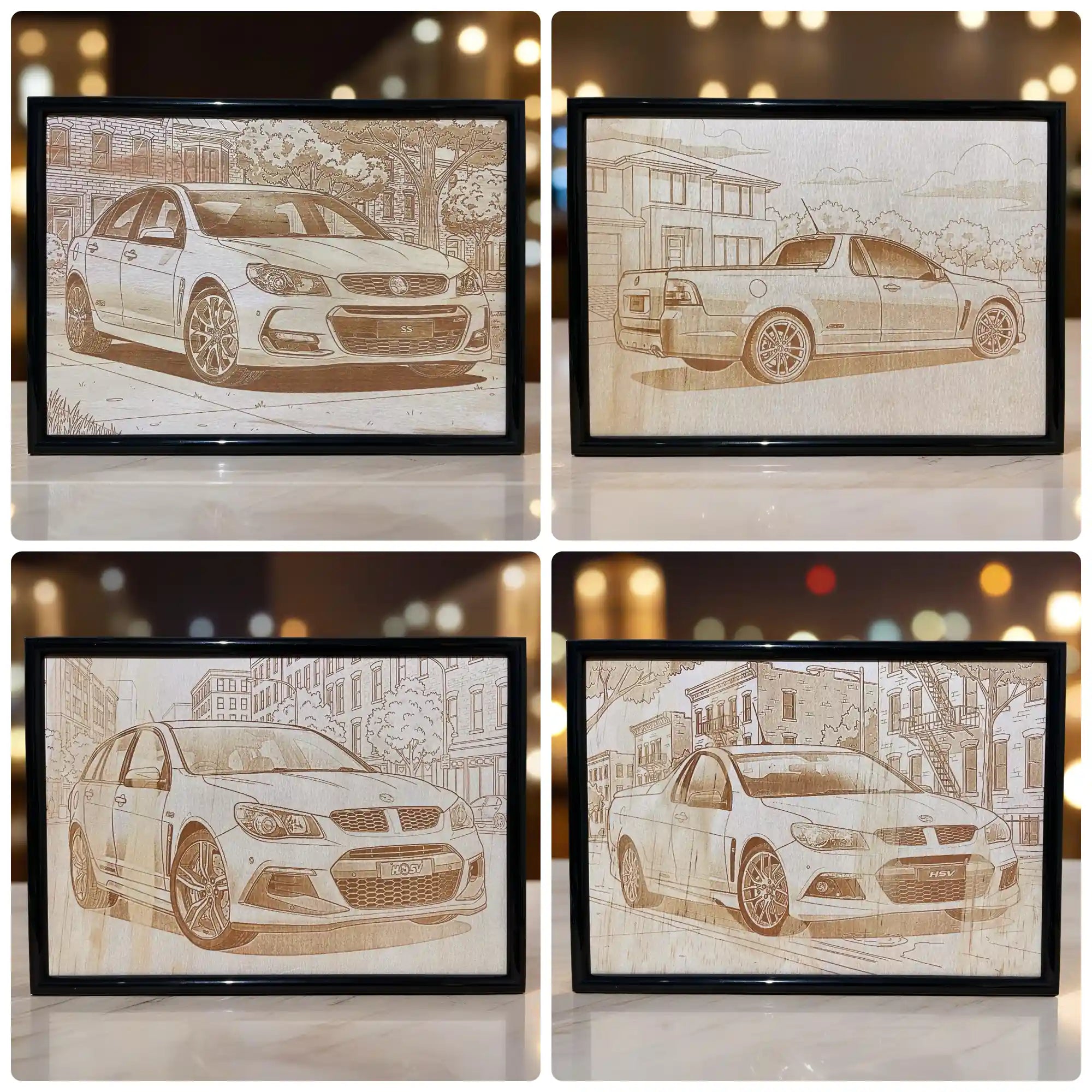 A collage of custom car photos transformed into a minimalist line art wood design, an ideal gift for car lovers by Laser Design Creations