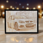 A custom car photo of a Holden HSV Wagon, transformed into a minimalist line art wood design, an ideal gift for car lovers by Laser Design Creations