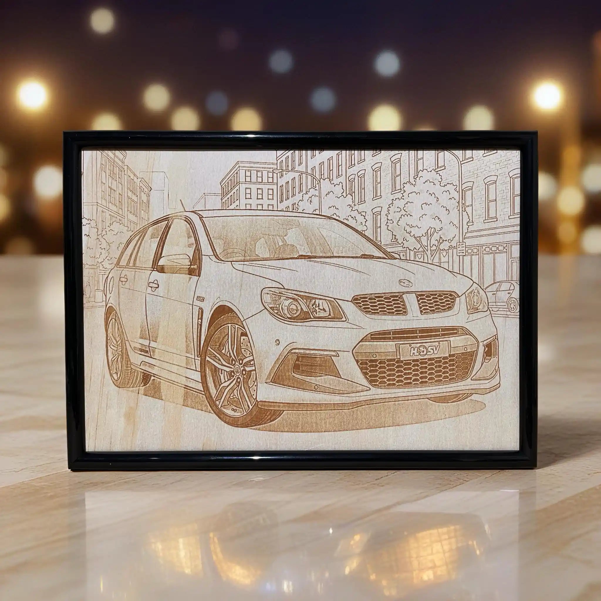 A custom car photo of a Holden HSV Wagon, transformed into a minimalist line art wood design, an ideal gift for car lovers by Laser Design Creations