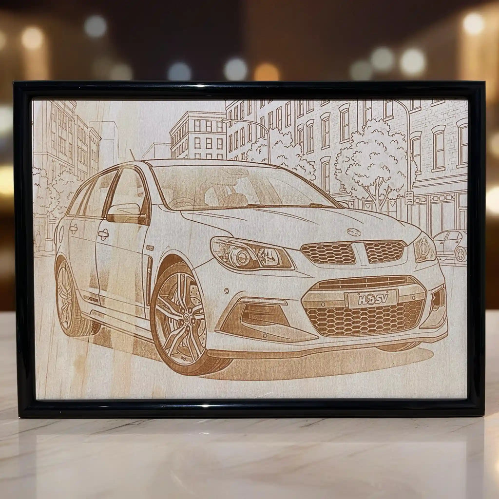 Close up view of a custom personalised Holden HSV Wagon car photo transformed into a minimalist line art wood design, an ideal gift for car lovers by Laser Design Creations