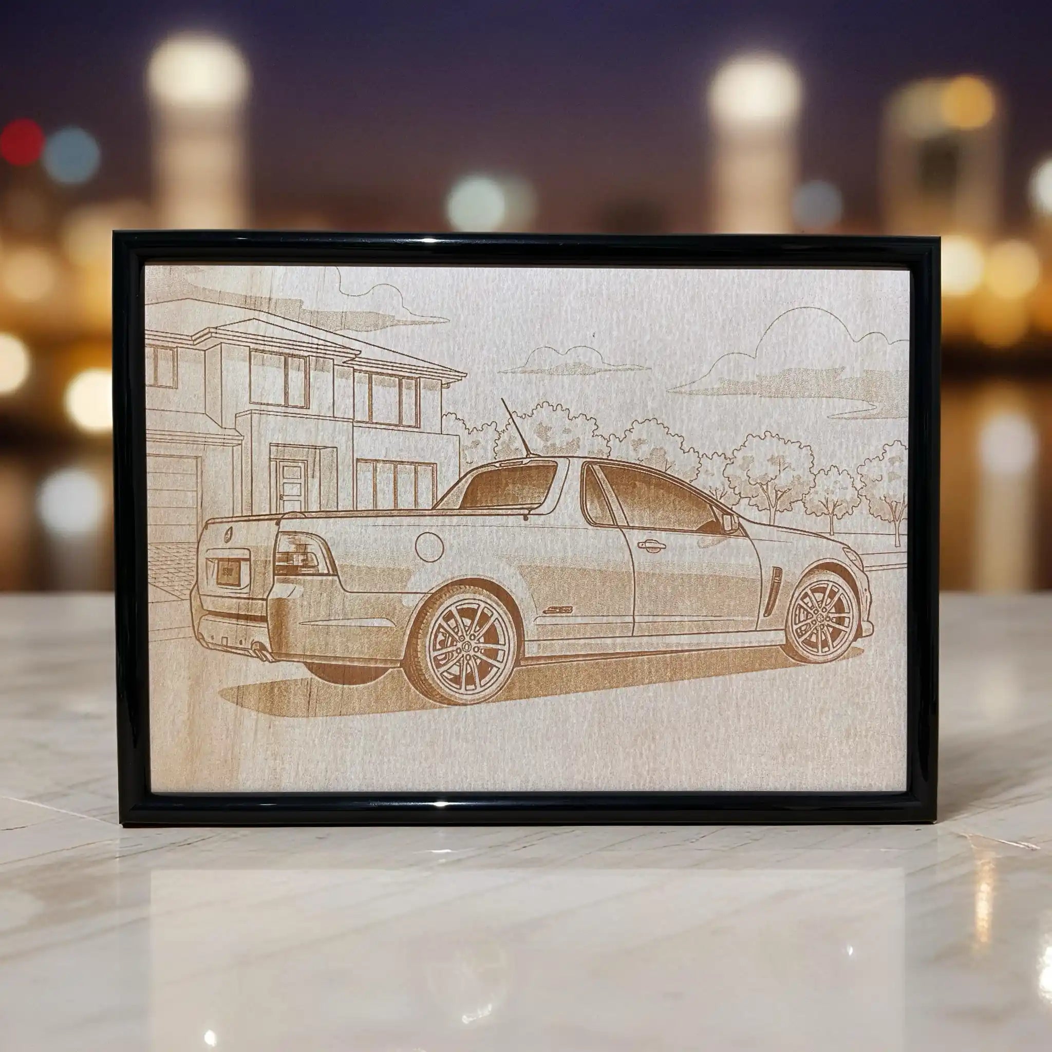 A custom car photo of a Holden VF Ute transformed into a minimalist line art wood design, an ideal gift for car lovers by Laser Design Creations
