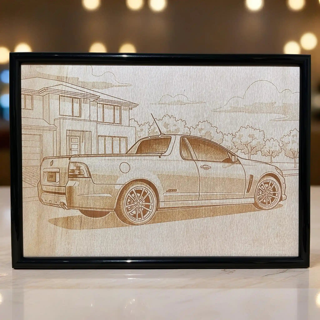 Close up view of a custom personalised Holden VF Ute car photo transformed into a minimalist line art wood design, an ideal gift for car lovers by Laser Design Creations