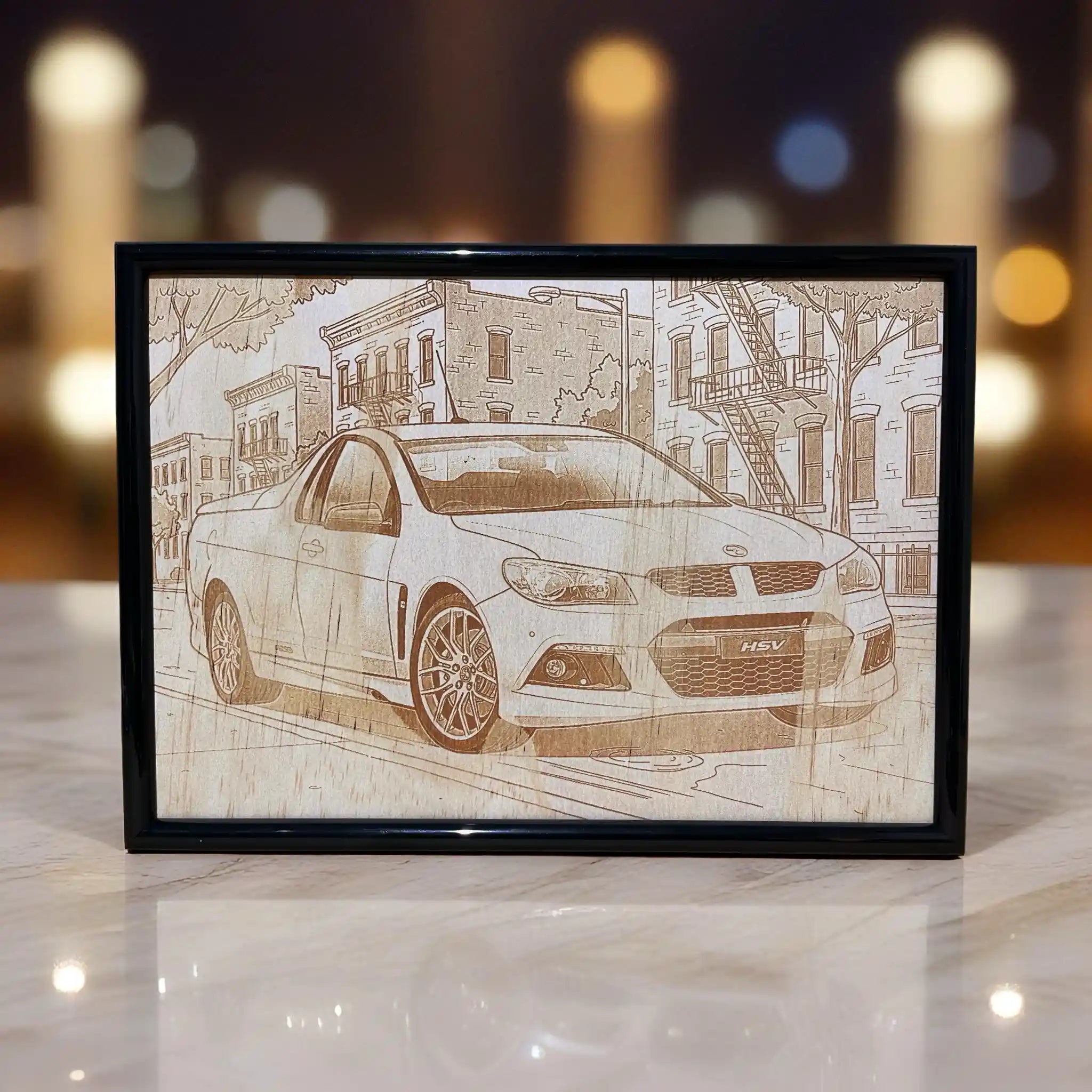 A custom personalised car photo of a Holden HSV Ute, transformed into a minimalist line art wood design, an ideal gift for car lovers by Laser Design Creations