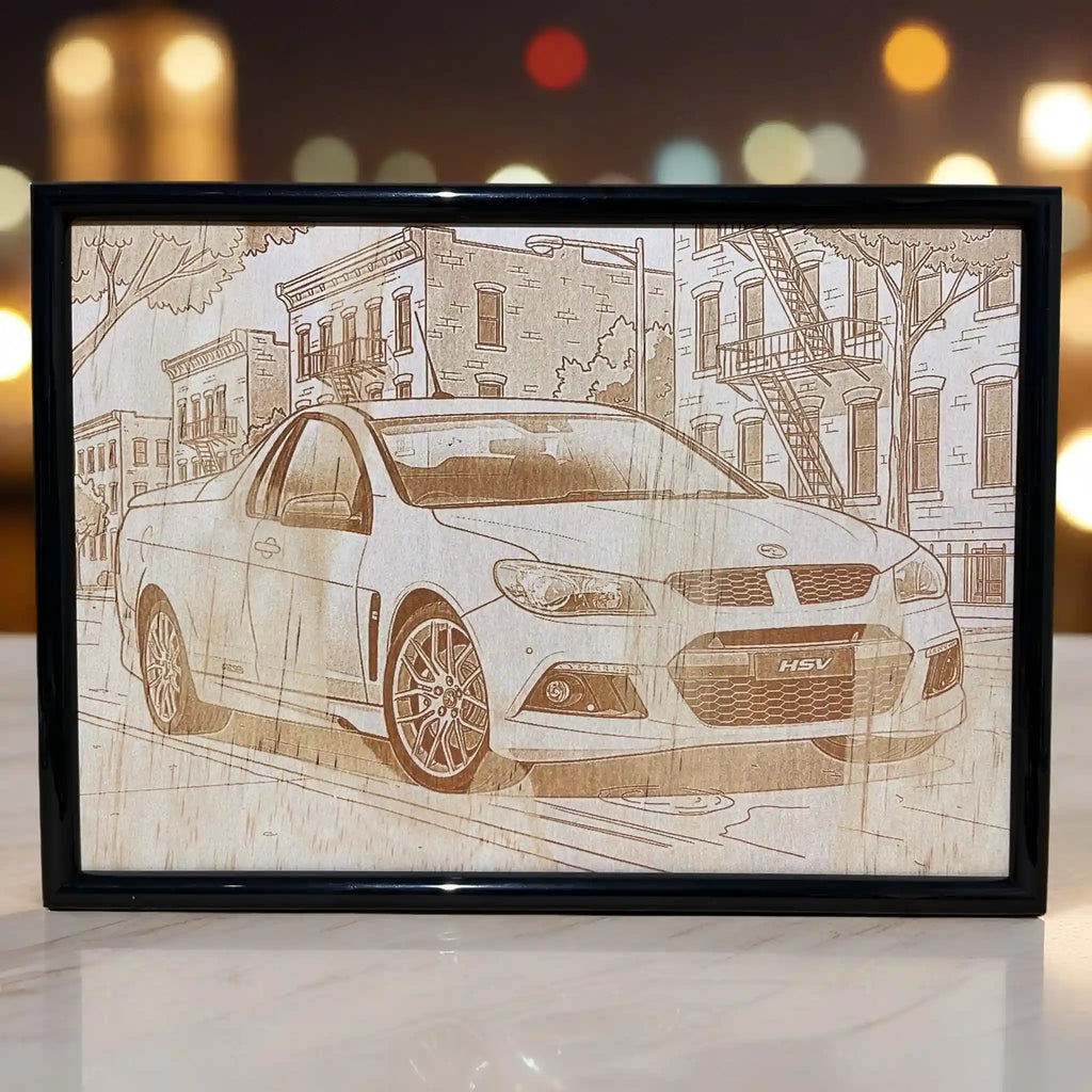 Close up view of a custom personalised Holden HSV Ute car photo transformed into a minimalist line art wood design, an ideal gift for car lovers by Laser Design Creations