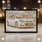A custom personalised car photo of a Holden VF Sedan, transformed into a minimalist line art wood design, an ideal gift for car lovers by Laser Design Creations