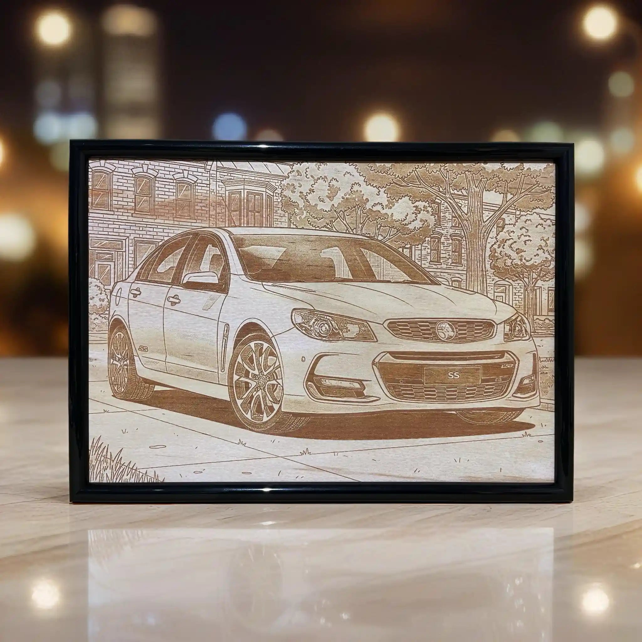 A custom personalised car photo of a Holden VF Sedan, transformed into a minimalist line art wood design, an ideal gift for car lovers by Laser Design Creations