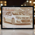 Close up view of a custom personalised Holden VF Sedan car photo transformed into a minimalist line art wood design, an ideal gift for car lovers by Laser Design Creations