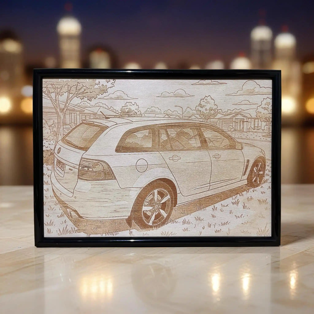 A custom car photo Of a Holden VF Wagon, transformed into a minimalist line art wood design, an ideal gift for car lovers by Laser Design Creations