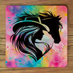 Top view of Vibrant Watercolour Cowgirl Horse Silhouette Neon Watercolor neoprene coaster with the dynamic cowgirl and horse silhouette central to the vivid neon art, by Laser Design Creations.