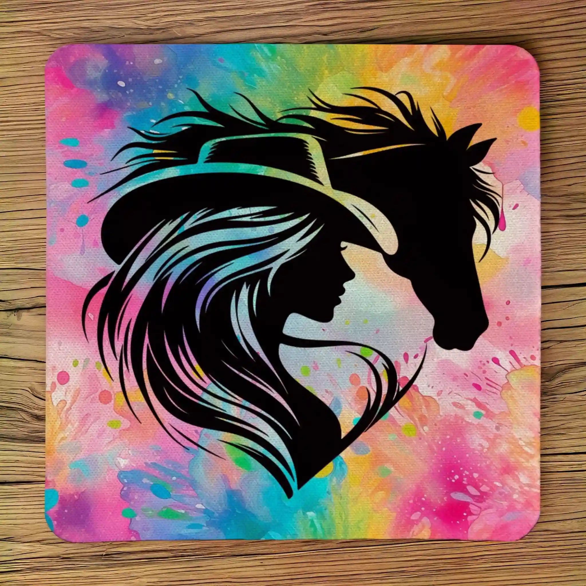 Top view of Vibrant Watercolour Cowgirl Horse Silhouette Neon Watercolor neoprene coaster with the dynamic cowgirl and horse silhouette central to the vivid neon art, by Laser Design Creations.