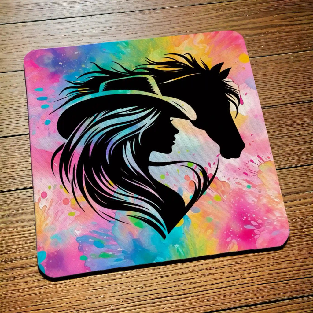Side view of Vibrant Watercolour Cowgirl Horse Silhouette Neon Watercolor neoprene coaster with the equestrian silhouette detailed in black on a bright watercolour base, by Laser Design Creations.