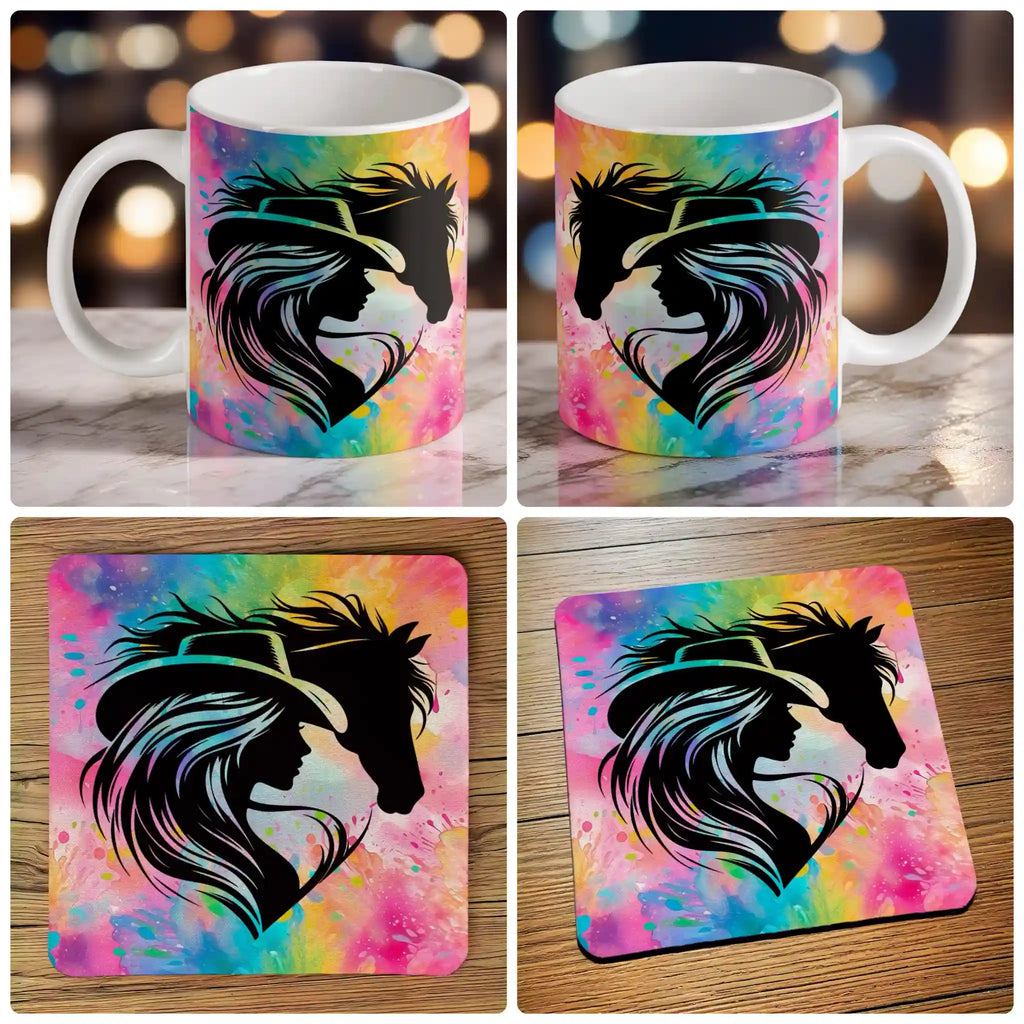 Vibrant Watercolour Cowgirl Horse Silhouette Neon Watercolor mug and coaster combo gift set collage, featuring the striking equestrian theme and vivid watercolour background, by Laser Design Creations.