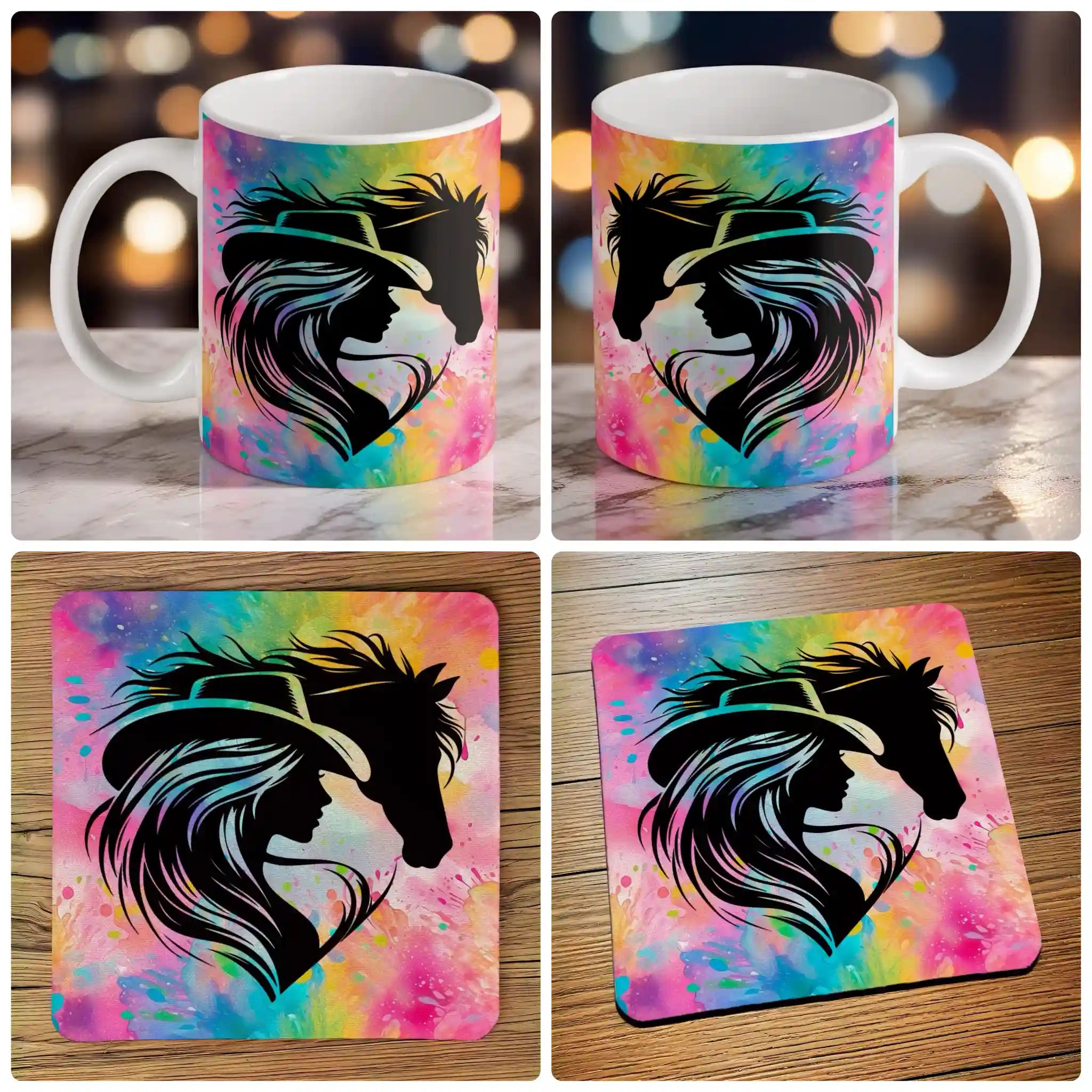 Vibrant Watercolour Cowgirl Horse Silhouette Neon Watercolor mug and coaster combo gift set collage, featuring the striking equestrian theme and vivid watercolour background, by Laser Design Creations.