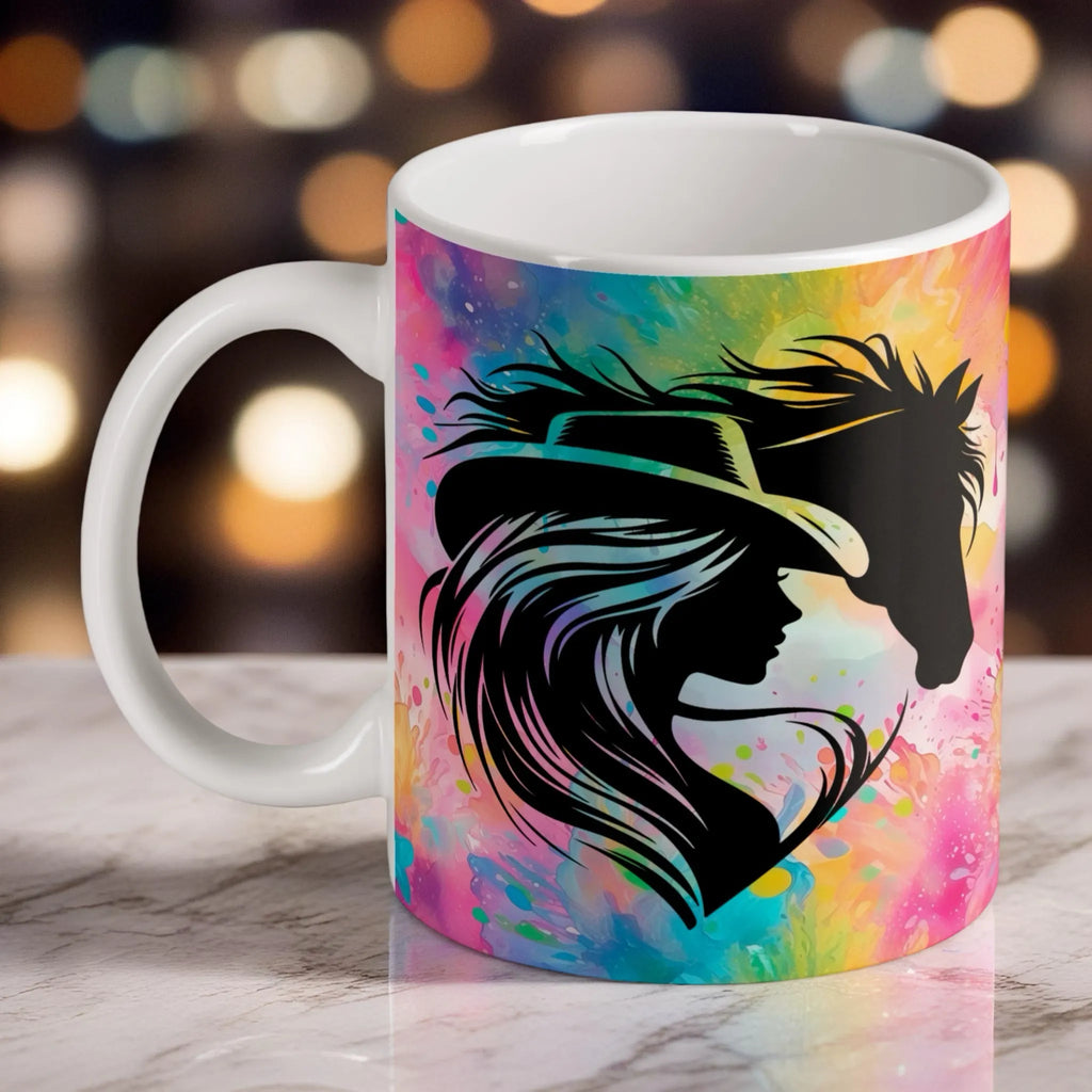 Vibrant Watercolour Cowgirl Horse Silhouette Neon Watercolor ceramic mug by Laser Design Creations, featuring a cowgirl riding a horse against a vivid watercolour backdrop.