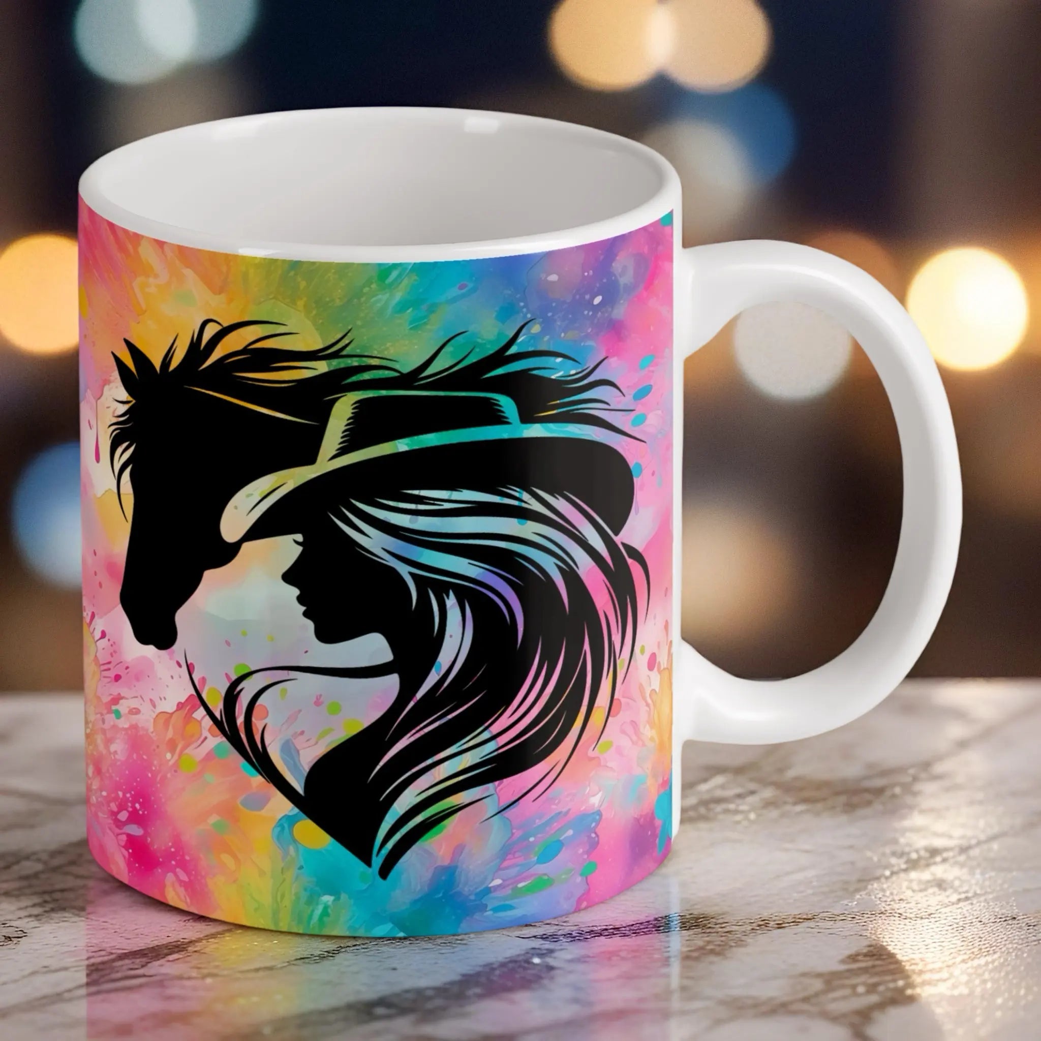 Reverse side of Vibrant Watercolour Cowgirl Horse Silhouette Neon Watercolor mug, featuring the striking silhouette scene of the rider and horse against a colourful wash by Laser Design Creations.