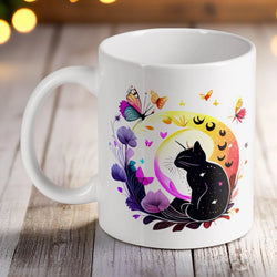 Vibrant Celestial Kitty with Butterflies ceramic mug by Laser Design Creations, featuring a black cat silhouette with a starry pattern, sitting before a colourful crescent moon with flowers.