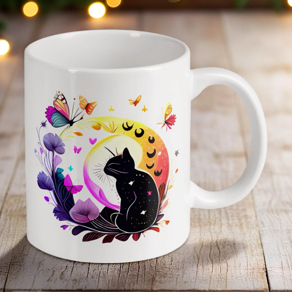 Reverse side of Vibrant Celestial Kitty with Butterflies ceramic mug, showcasing the wrap-around artwork by Laser Design Creations.