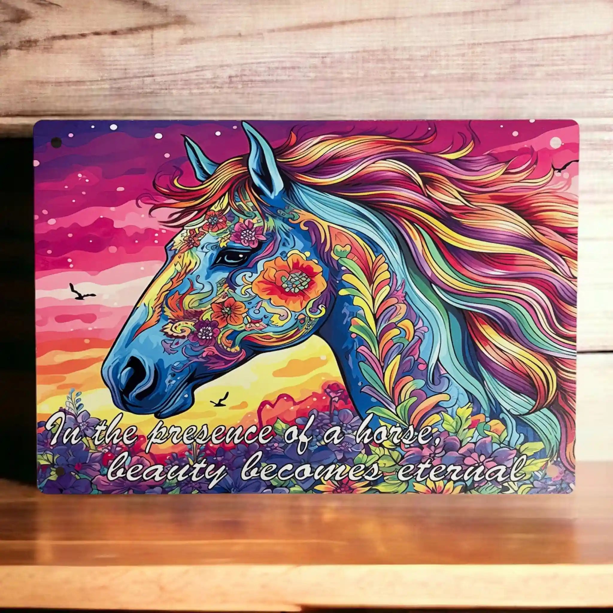 Vibrant Horse Quote Aluminium Sign by Laser Design Creations, featuring inspirational text on a psychedelic floral background.