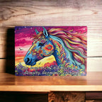 Psychedelic Floral Horse Quote Aluminium Sign by Laser Design Creations, featuring the quote 'In the presence of a horse, beauty becomes eternal'.