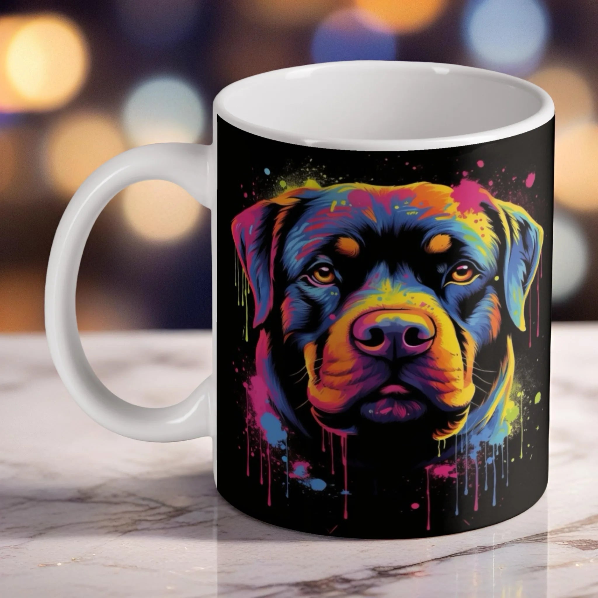 Pop Art Rottweiler ceramic mug by Laser Design Creations, featuring a colourful dog portrait with paint splatters on a black background.