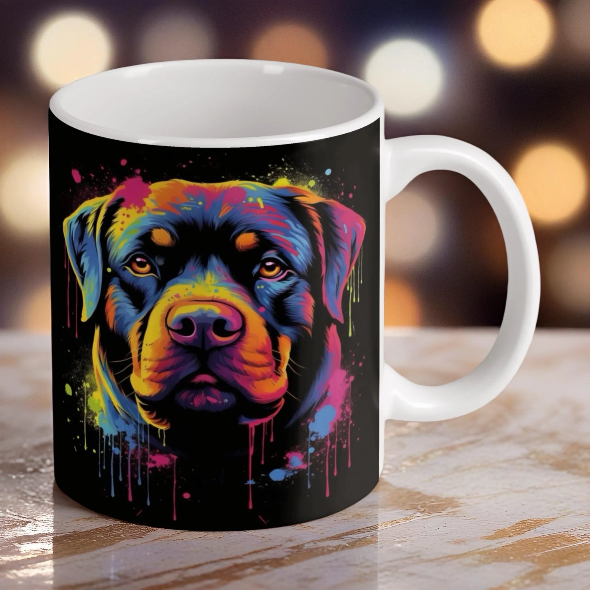 Reverse side of Pop Art Rottweiler ceramic mug, showcasing the wrap-around artwork by Laser Design Creations.