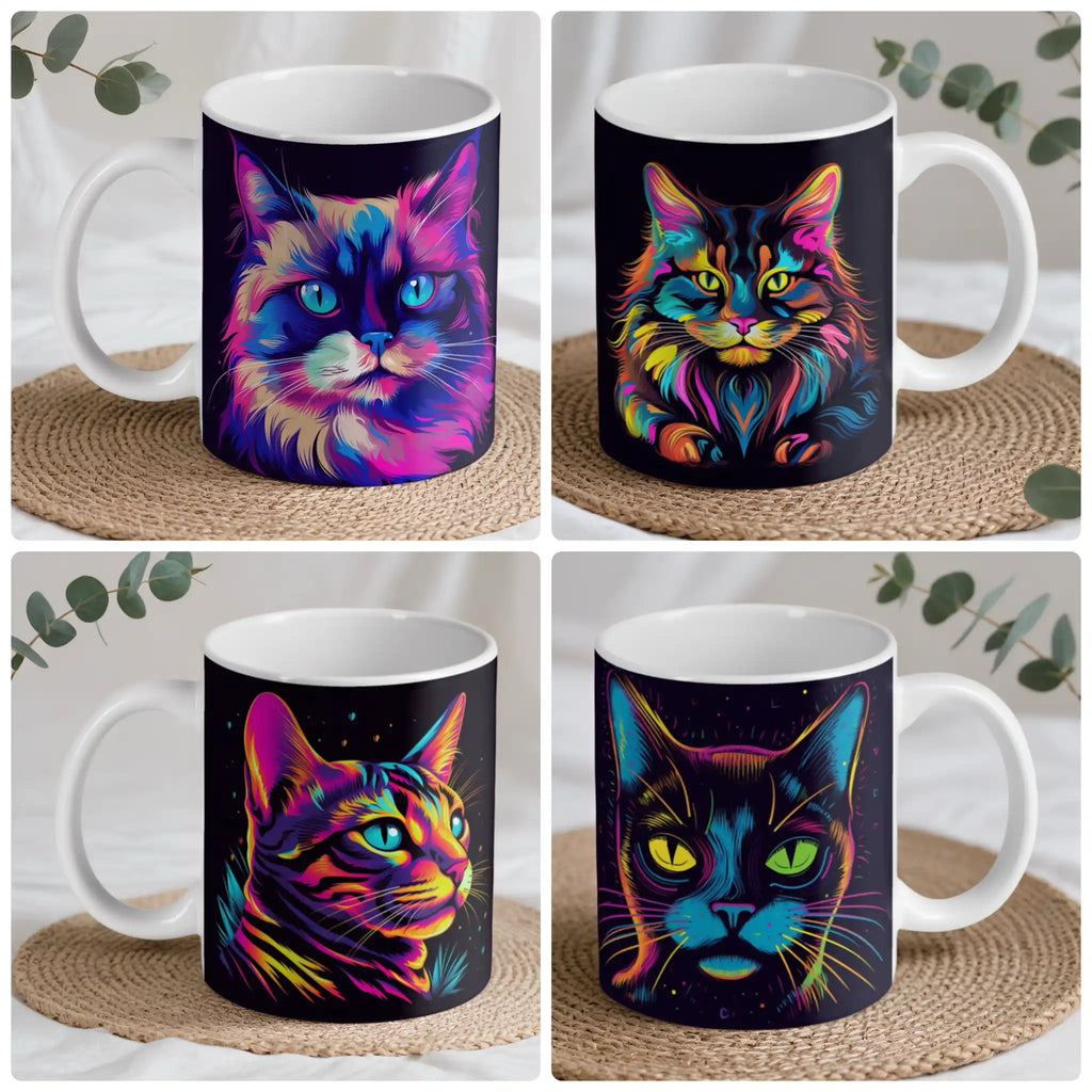 Collage of four distinct psychedelic cat art ceramic mugs, featuring vibrant, colourful feline portraits by Laser Design Creations.