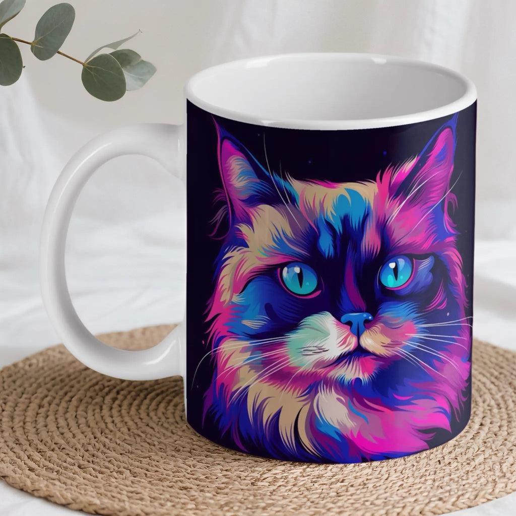 Psychedelic Cat ceramic mug by Laser Design Creations, featuring a vibrant, fluffy feline portrait with striking blue eyes in pink and blue hues.