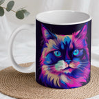 Psychedelic Cat ceramic mug by Laser Design Creations, featuring a vibrant, fluffy feline portrait with striking blue eyes in pink and blue hues.