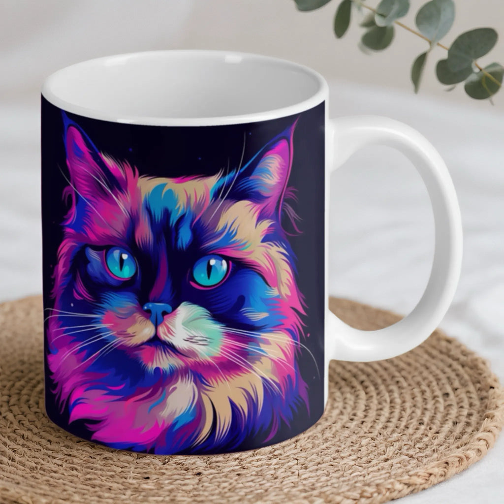 Reverse side of Psychedelic Cat ceramic mug, showcasing the wrap-around artwork of the fluffy, blue-eyed feline.