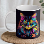 Colourful Rainbow Cat ceramic mug by Laser Design Creations, featuring a vibrant, long-haired feline portrait with multi-coloured highlights and yellow eyes.