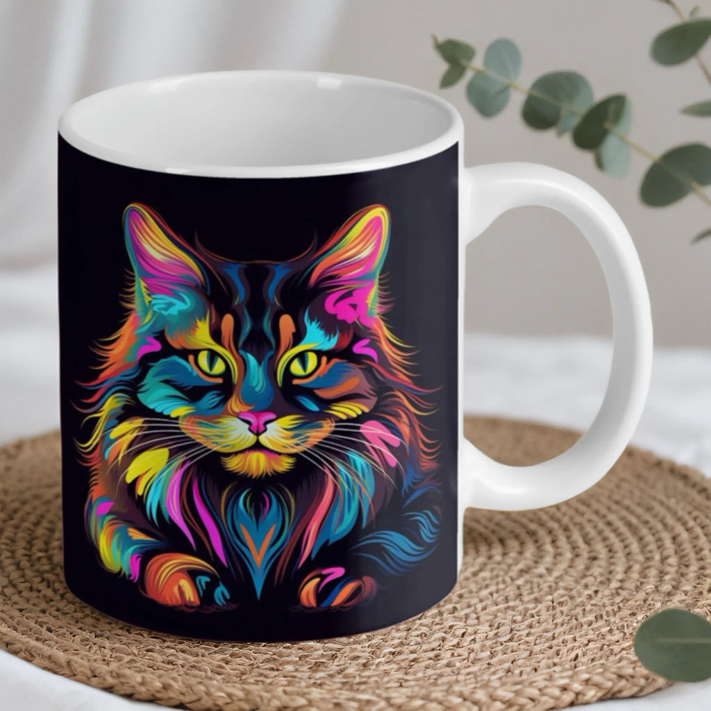 Reverse side of Colourful Rainbow Cat ceramic mug, showcasing the wrap-around artwork with its intricate, multi-coloured design.