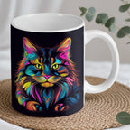 Reverse side of Colourful Rainbow Cat ceramic mug, showcasing the wrap-around artwork with its intricate, multi-coloured design.