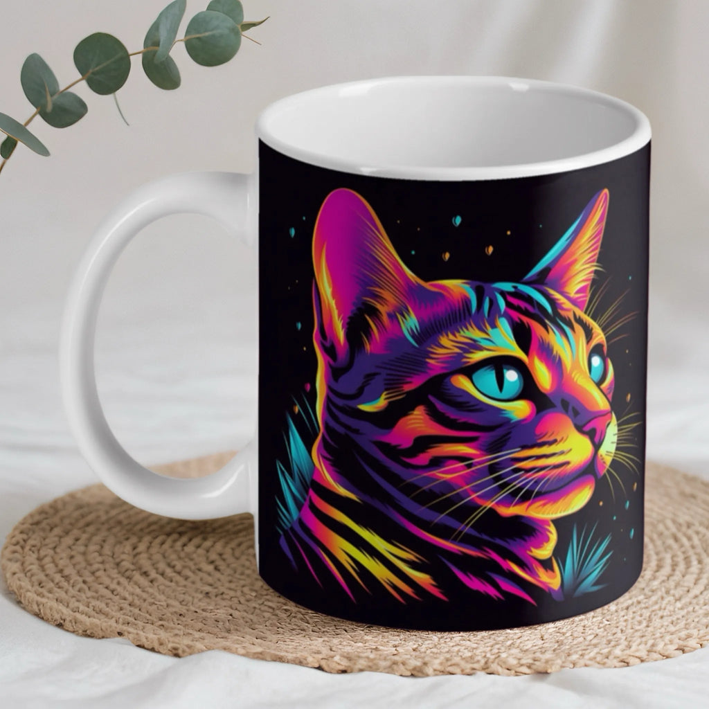 Neon Profile Cat ceramic mug by Laser Design Creations, featuring a stylised cat in a three-quarter profile view with bold pink and yellow tones.
