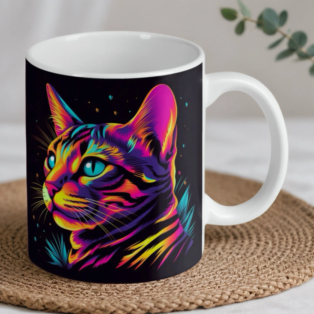 Reverse side of Neon Profile Cat ceramic mug, showcasing the wrap-around artwork of the stylised, side-facing feline.
