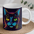 Reverse side of Vibrant Green-Eyed Cat ceramic mug, showcasing the wrap-around artwork of the bold, green-eyed feline.
