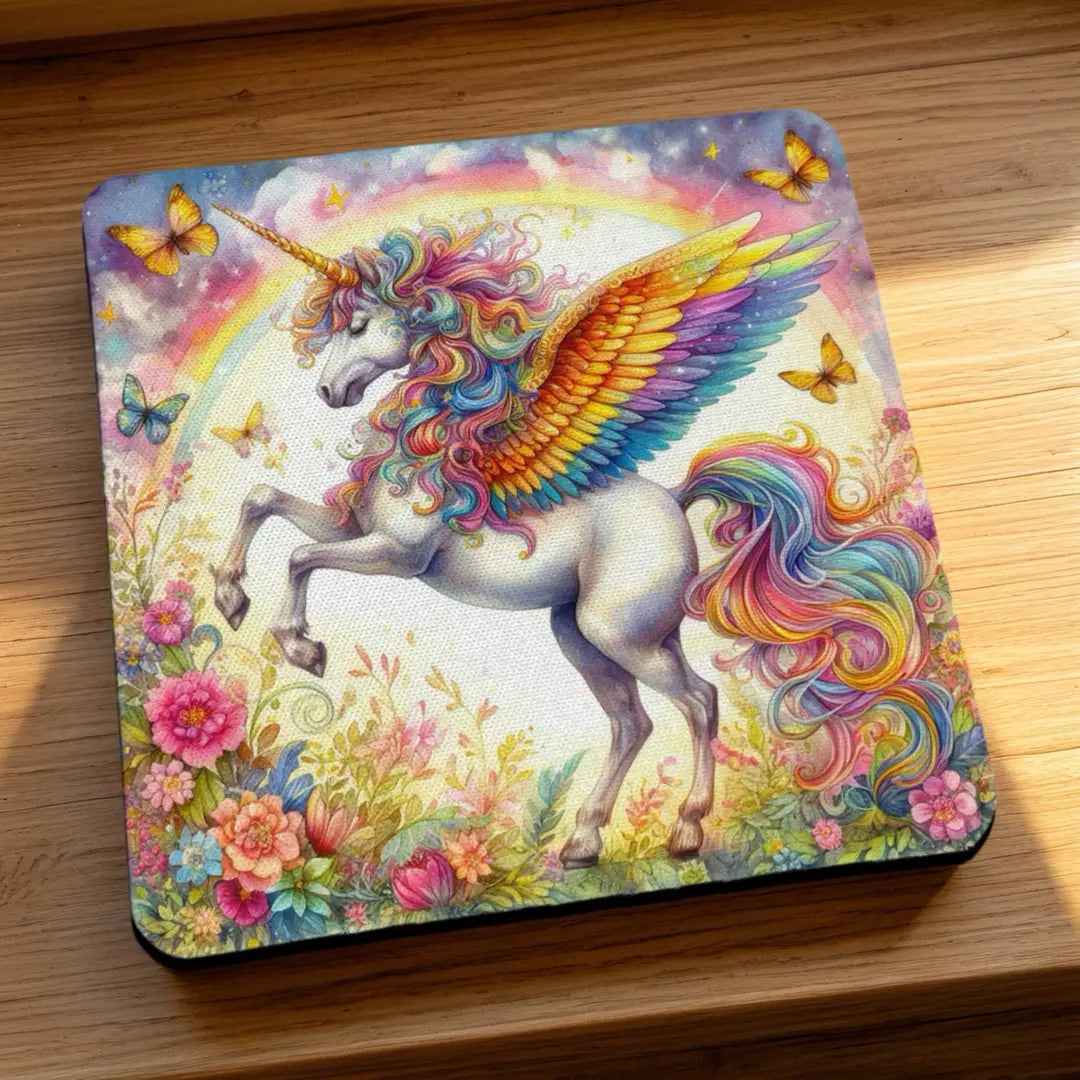Side view of Rainbow Winged Unicorn Wildflowers neoprene coasters, showcasing a whimsical, colourful fantasy illustration of a winged unicorn and vibrant wildflowers by Laser Design Creations.