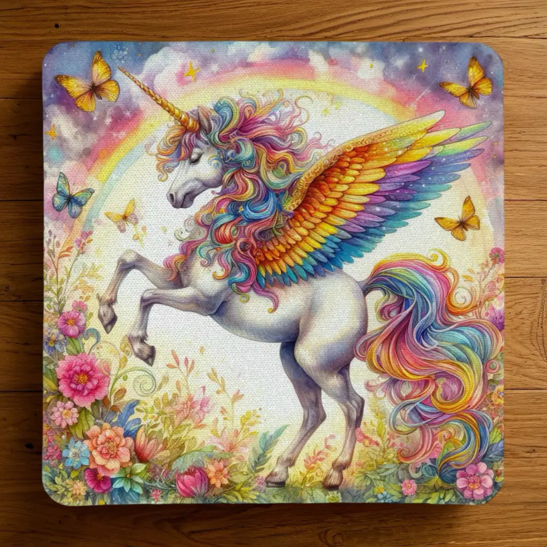 Rainbow Winged Unicorn Wildflowers neoprene coasters by Laser Design Creations, featuring a beautiful mythical art illustration of a Pegasus with rainbow wings.