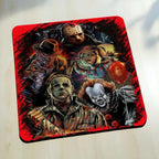 Side view of Vintage Horror Slashers Art neoprene coasters, showcasing a grungy collage of classic horror movie villains on a dark background by Laser Design Creations.