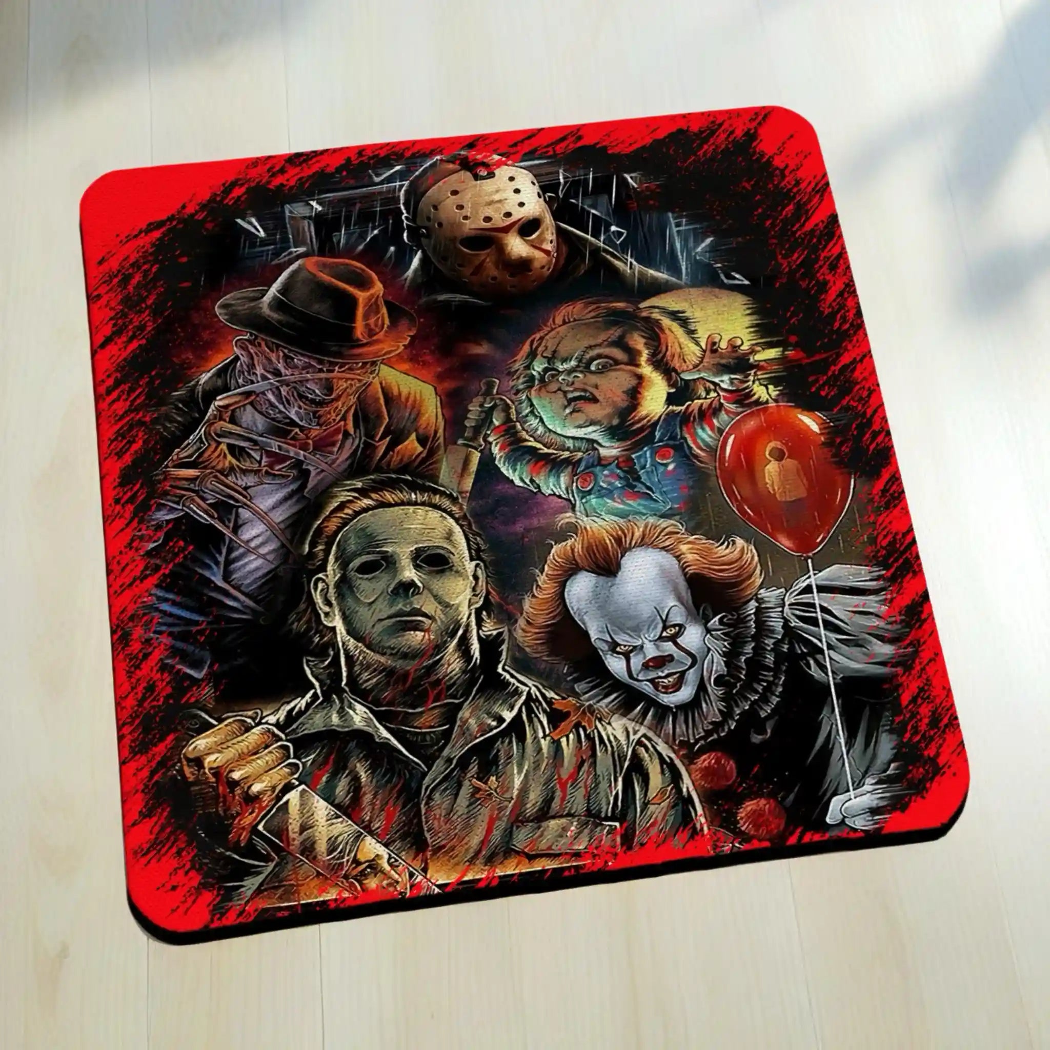 Side view of Vintage Horror Slashers Art neoprene coasters, showcasing a grungy collage of classic horror movie villains on a dark background by Laser Design Creations.