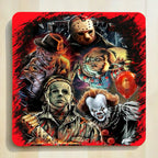 Vintage Horror Slashers Art neoprene coasters by Laser Design Creations, featuring an illustrated dark horror art style collage of iconic slasher characters.