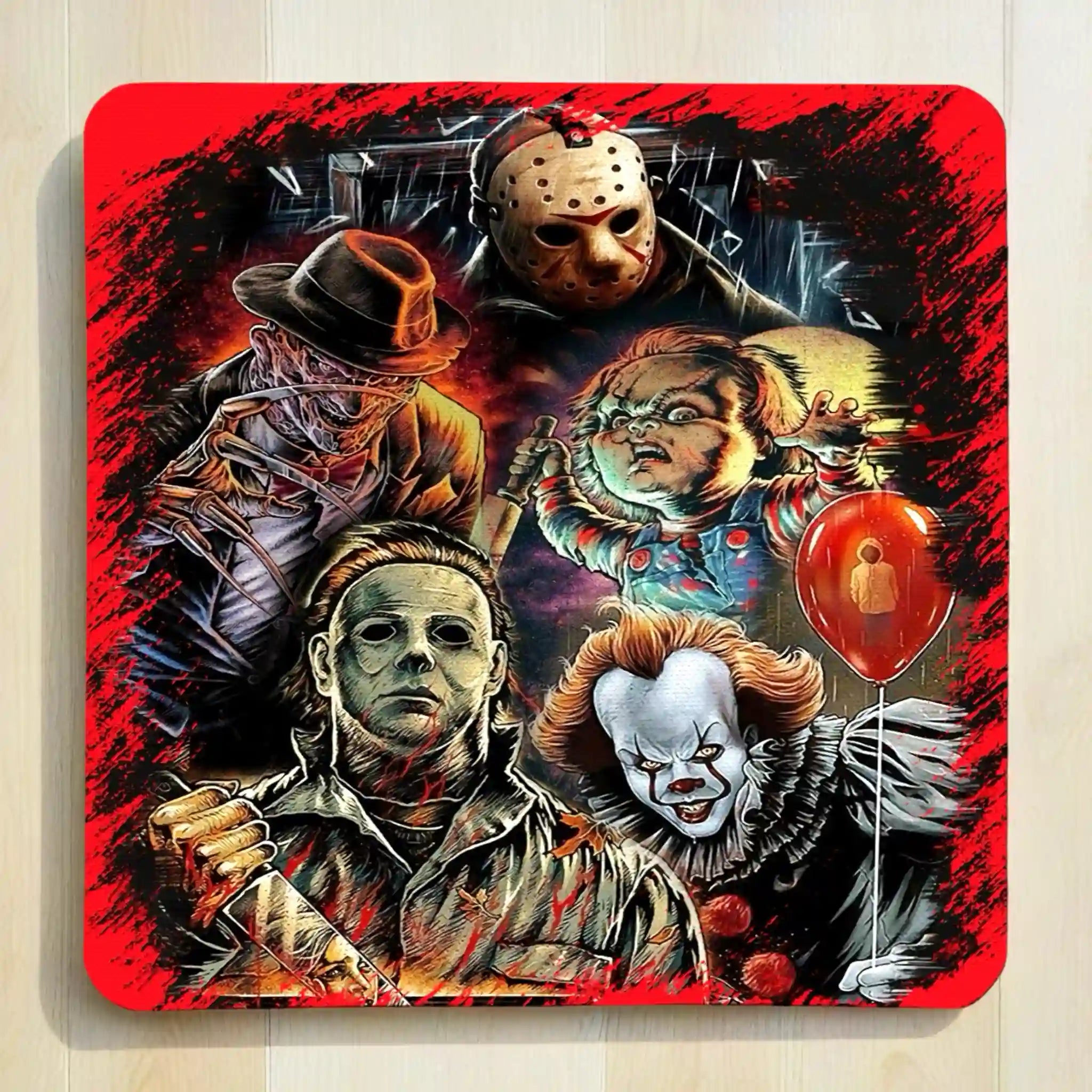Vintage Horror Slashers Art neoprene coasters by Laser Design Creations, featuring an illustrated dark horror art style collage of iconic slasher characters.