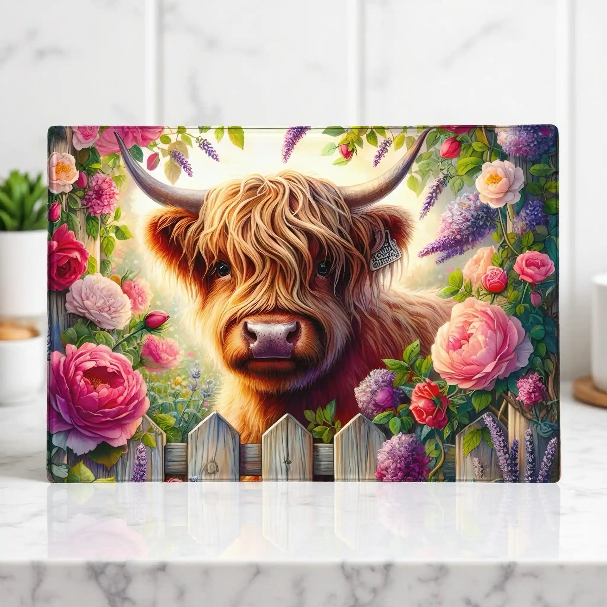 Charming watercolour Highland cow glass chopping board from Laser Design Creations