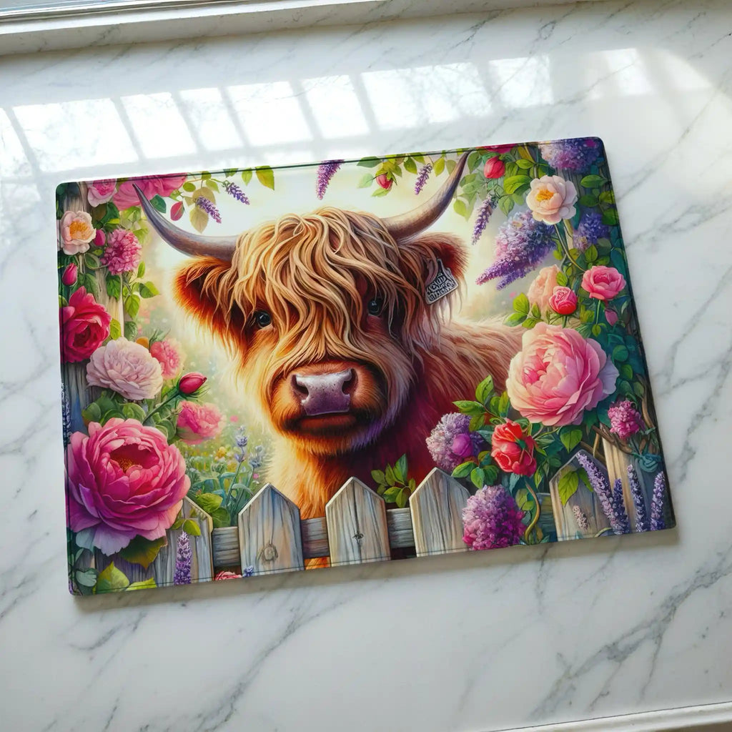 Beautiful watercolour pink floral garden glass chopping board from Laser Design Creations featuring a fluffy Highland cow surrounded by vibrant pink flowers.