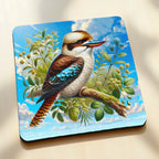 Side view of Watercolour Kookaburra neoprene coaster with colourful native wildlife perched on a leafy branch, by Laser Design Creations.