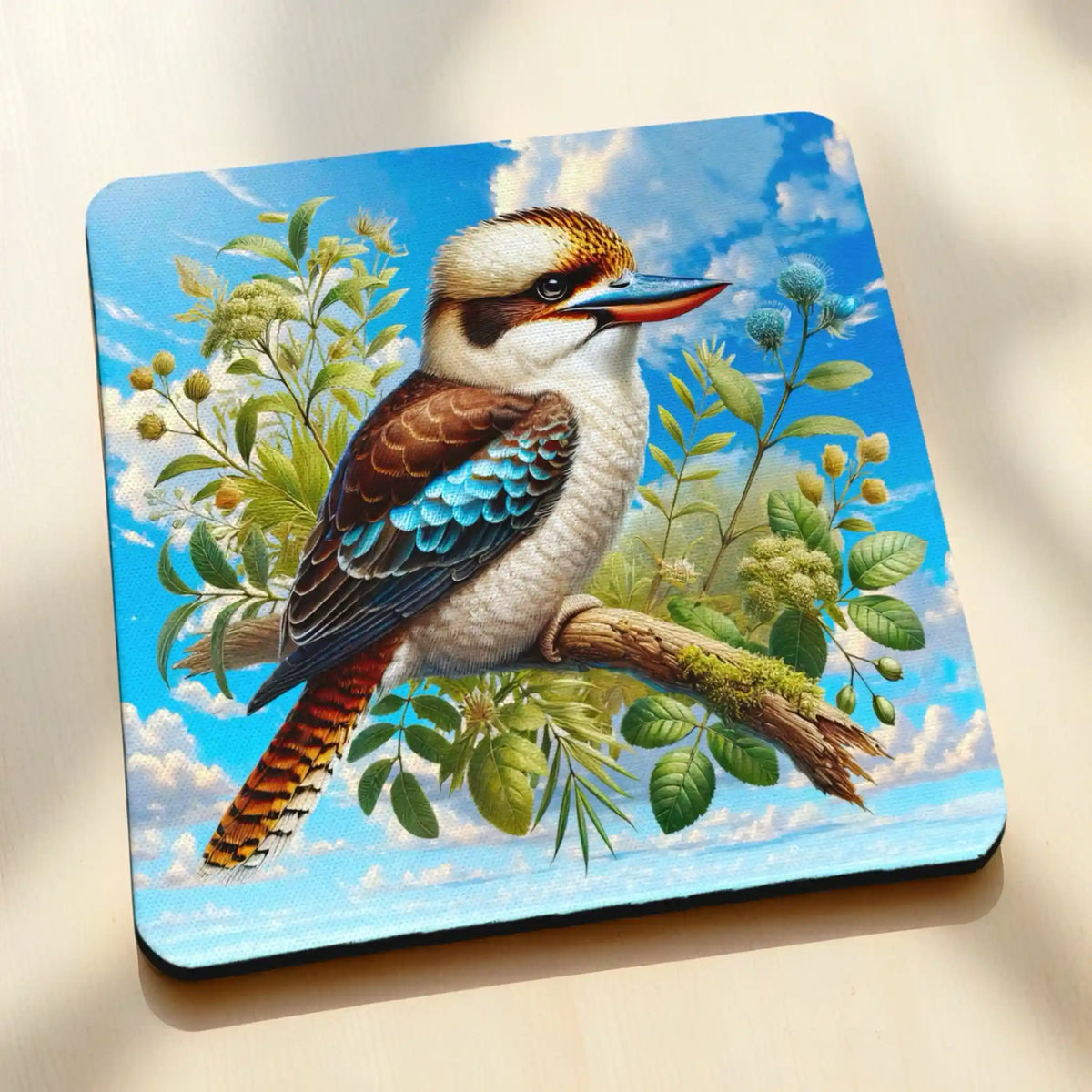 Side view of Watercolour Kookaburra neoprene coaster with colourful native wildlife perched on a leafy branch, by Laser Design Creations.