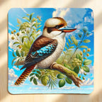 Top view of Watercolour Kookaburra neoprene coaster with vibrant native bird art and gum leaves, by Laser Design Creations.