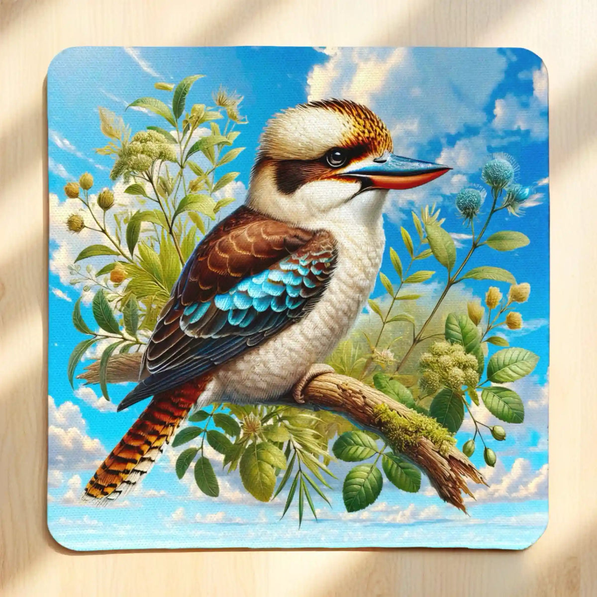 Top view of Watercolour Kookaburra neoprene coaster with vibrant native bird art and gum leaves, by Laser Design Creations.