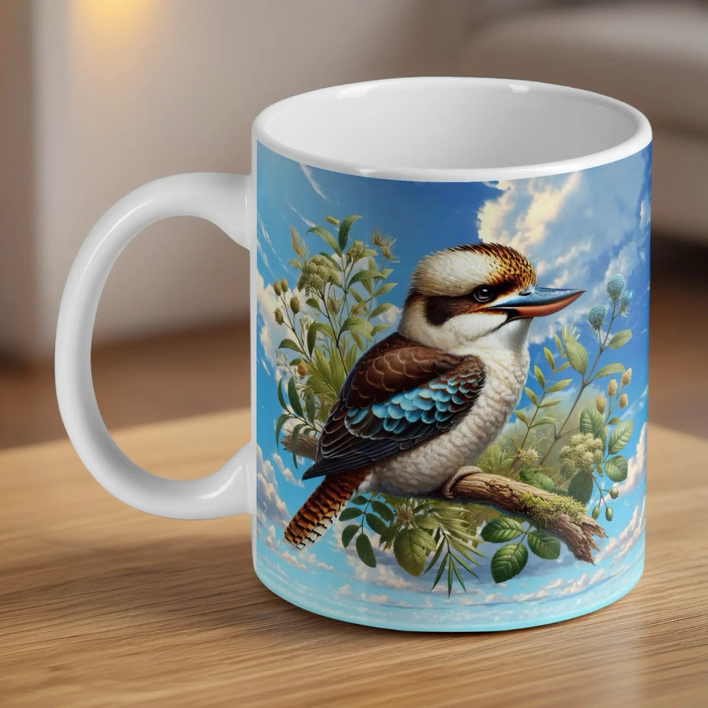 Watercolour Kookaburra ceramic mug by Laser Design Creations, featuring a vibrant native bird sitting on a rustic gum branch.