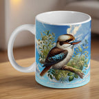 Watercolour Kookaburra ceramic mug by Laser Design Creations, featuring a vibrant native bird sitting on a rustic gum branch.